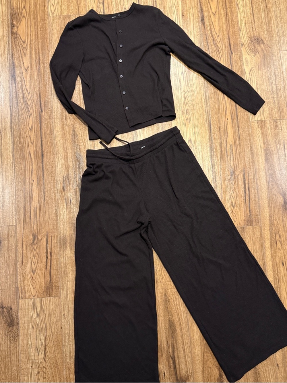 Brown waffle knit Wide-Leg Knit Pants & Cardigan Set - Women's Two-Piece